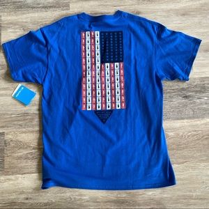 NWT Columbia PFG royal blue cotton T-shirt size L Americana Fish Flag